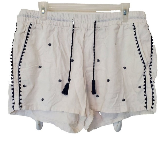 Old Navy Pants - Old Navy Womens Large White Linen Blend Embroidered Tassel Pull On Shorts Navy